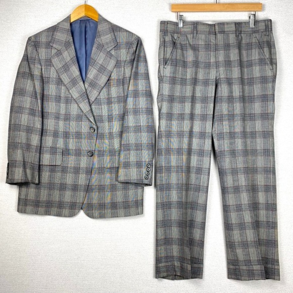 Vtg Bespoke 2 Piece Suit Mens 36R Gray Windowpane Plaid Dandy Heritage Ivy